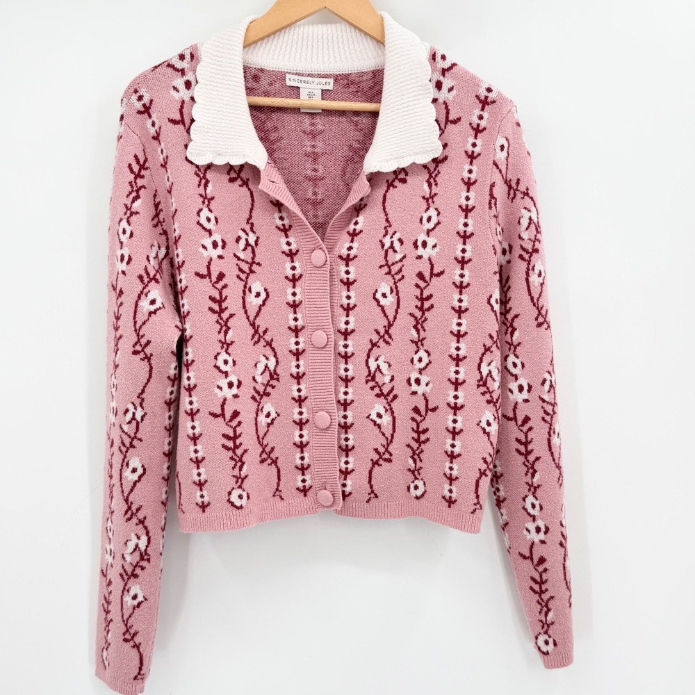 Sincerely Jules Pink Floral Cardigan Sweater Large Scallop Collar Cottagecore